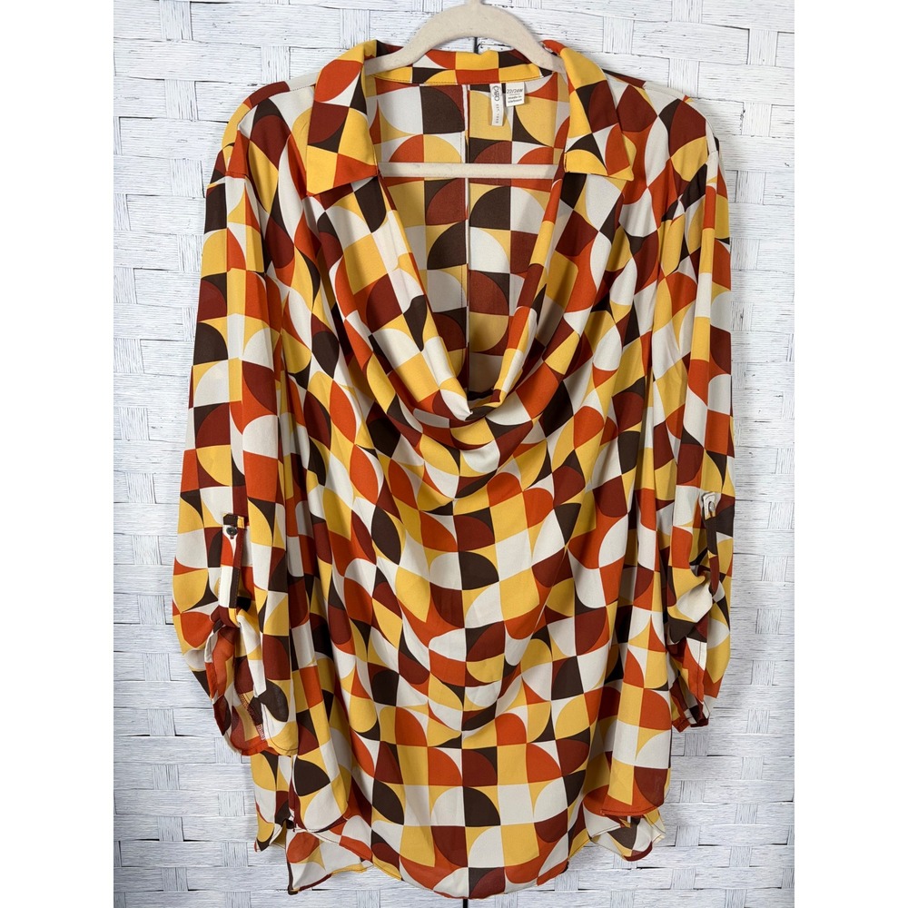 Cato Womens Blouse Geometric Mod Print Cowl Neck Roll Tab Sleeve Plus Size